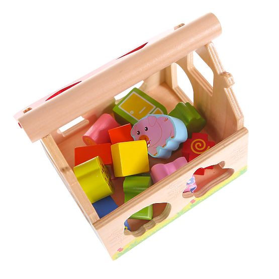 Dřevěný domeček, farma třídič s kostkami ECOTOYS