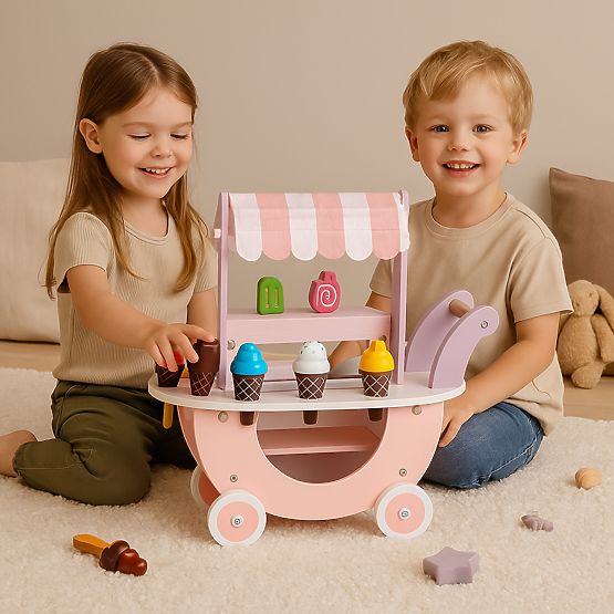 Dřevěný vozík zmrzlinářství pro děti obchod 12 prvků ECOTOYS