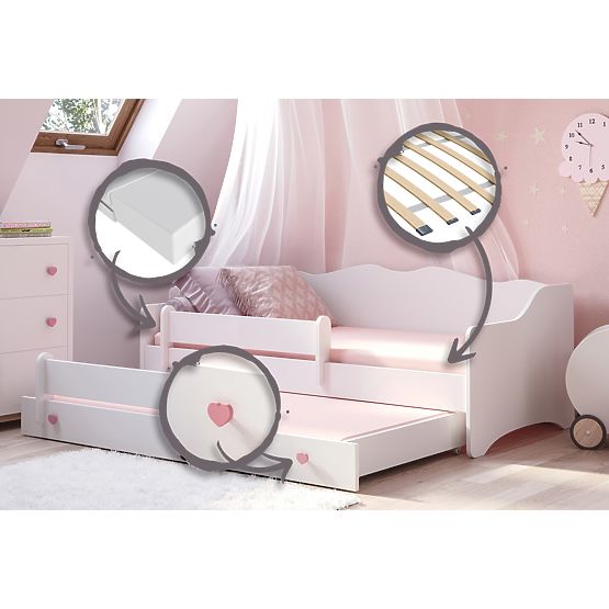 Dvojlůžko EMMA s šuplíkem a zábranou 160x80 růžová rukojeť