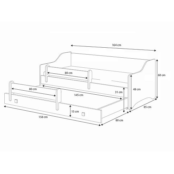 Dvojlůžko ERYK s šuplíkem a zábranou 160x80 černá rukojeť