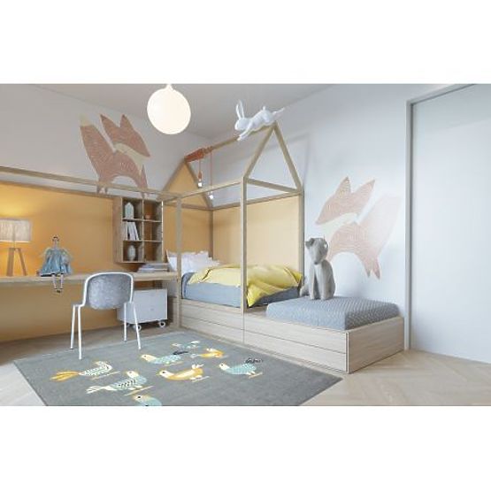 Koberec PASTEL 18413/072 - Kuřata Kohouti Šedá tyrkysov