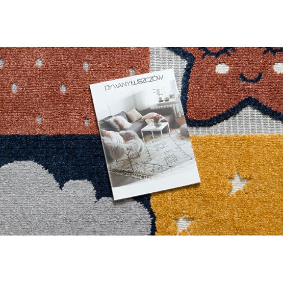 Koberec YOYO GD52 šedo / žlutá - hvězdy, mraky, patchwork pro děti, strukturální, senzoricky Třásně