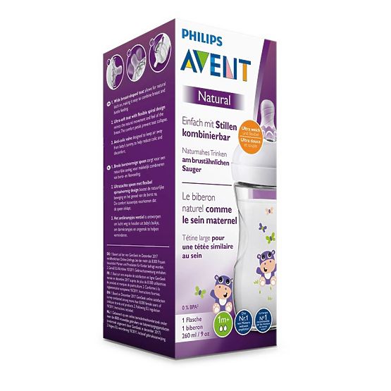 Kojenecká láhev Avent Natural 260 ml bílá hroch