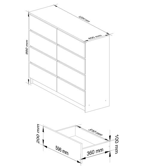 KOMODA K 120 cm 8 ZÁSUVKY PK SONOMA / BÍLÁ