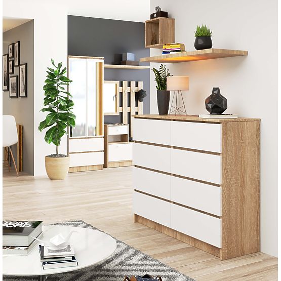 KOMODA K 120 cm 8 ZÁSUVKY PK SONOMA / BÍLÁ