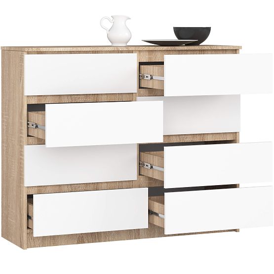 KOMODA K 120 cm 8 ZÁSUVKY PK SONOMA / BÍLÁ