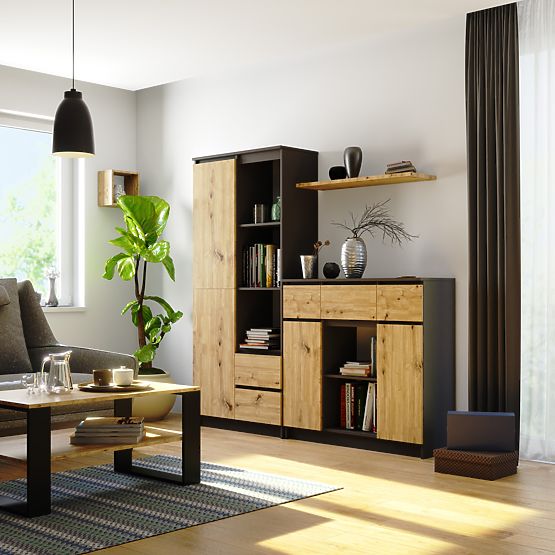 KOMODA K100 2D 3SZ 1P PK GRAFIT ŠEDÁ / DUB ARTISAN