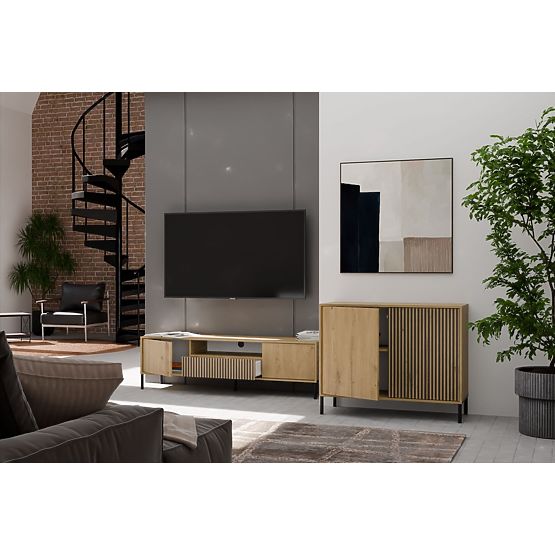 Komoda s drážkovaným čelem Skříňka KAMARO 2D Slim / Hladký DUB ARTISAN Lamely