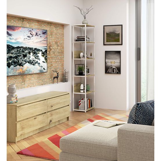 Kovový loftový regál 50 cm - bílý-dub artisan - 6 polic