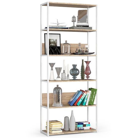 Kovový loftový regál 80 cm - bílý-dub sonoma - 6 polic