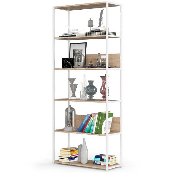 Kovový loftový regál 80 cm - bílý-dub sonoma - 6 polic