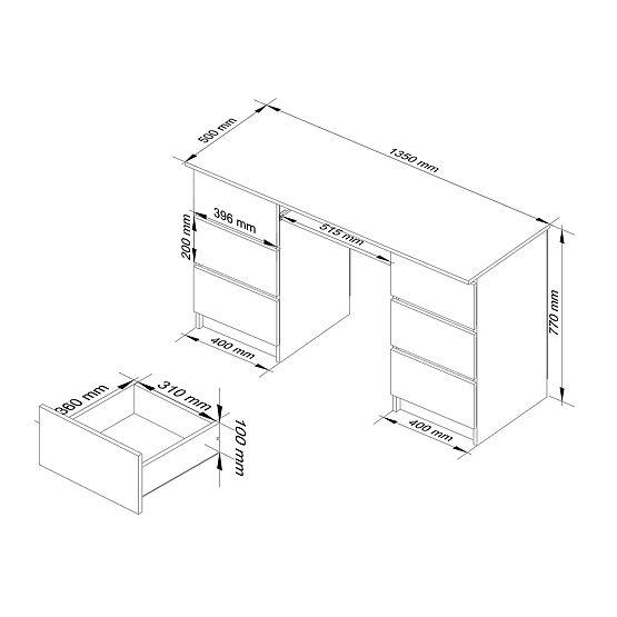 Počítačový stůl A-11 135 cm 6 zásuvek PK bílý-grafit šedý