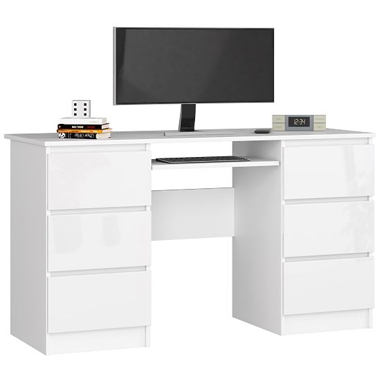 POČÍTAČOVÝ STŮL A-11 135 cm 6 ZÁSUVKY PK BÍLÁ / BÍLÝ LESK