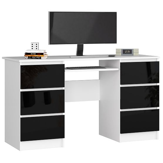 POČÍTAČOVÝ STŮL A-11 135 cm 6 ZÁSUVKY PK BÍLÁ / ČERNÝ LESK