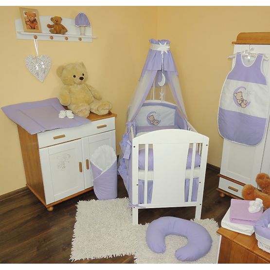 Povlečení do postýlky  120 x 90 - Medvídek na měsíci - fialové