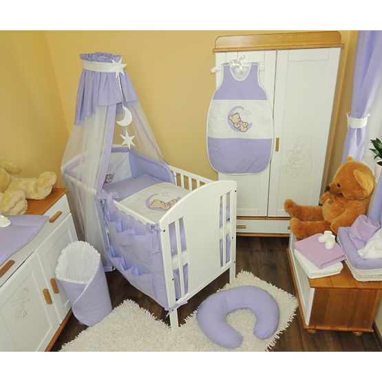 Povlečení do postýlky  120 x 90 - Medvídek na měsíci - fialové