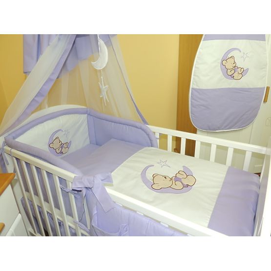 Povlečení do postýlky  120 x 90 - Medvídek na měsíci - fialové