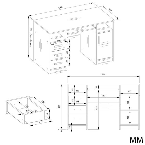PSACÍ STŮL DELTA DUB ARTISAN 120 cm 3 Zásuvky Skříňka Police Do Kanceláře Pokoj Na Notebook