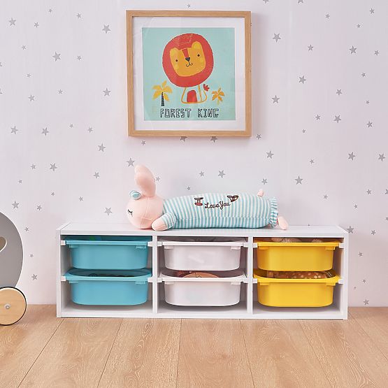 Regál s úložnými boxy Explorer - modrá / bílá / žlutá