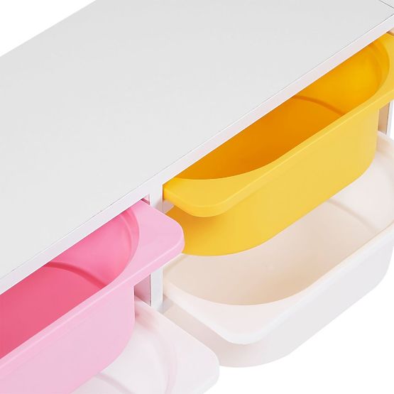 Regál s úložnými boxy Explorer - modrá / růžová / žlutá