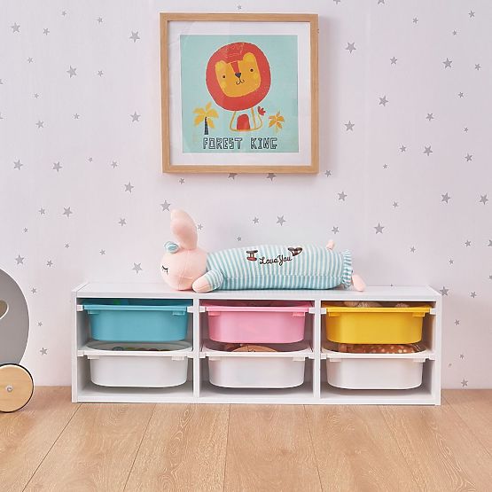 Regál s úložnými boxy Explorer - modrá / růžová / žlutá
