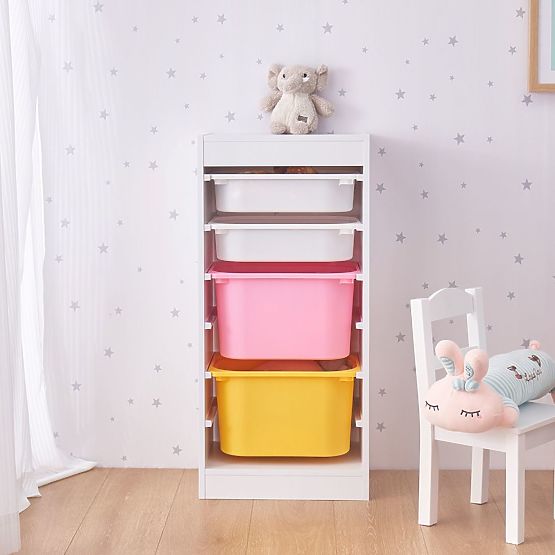 Regál s úložnými boxy Tower - růžová / žlutá
