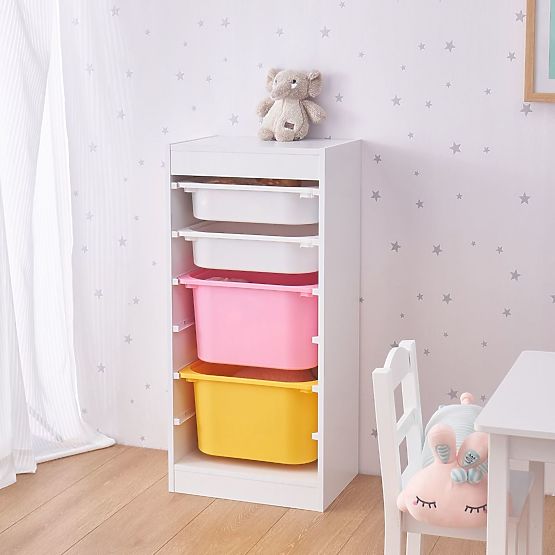 Regál s úložnými boxy Tower - růžová / žlutá