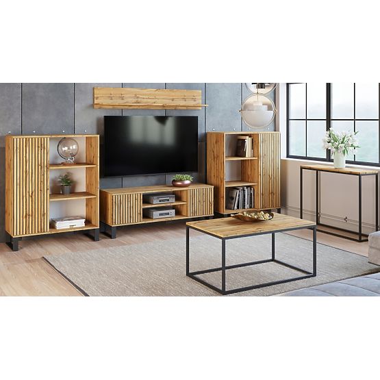 Regál skříň Fondi dub craft zlatý - černý, dekor lamely