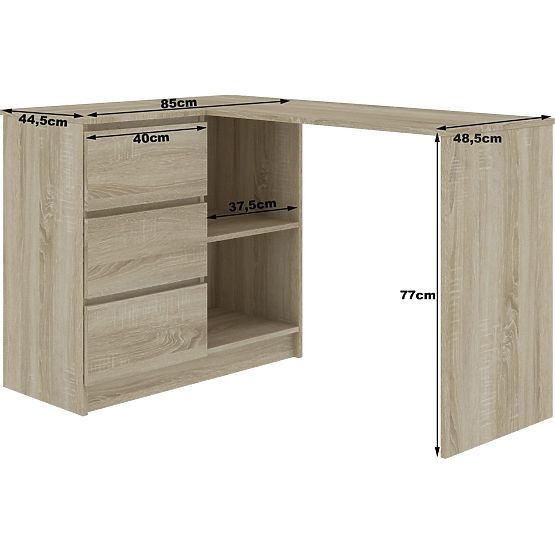 ROHOVÝ PSACÍ STŮL B16 124 cm LEVÝ 3 ZÁSUVKY DUB SONOMA / BÍLÁ