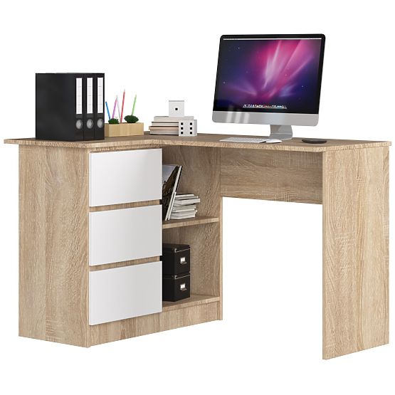 ROHOVÝ PSACÍ STŮL B16 124 cm LEVÝ 3 ZÁSUVKY DUB SONOMA / BÍLÁ