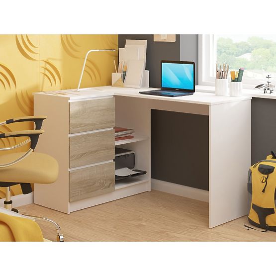 ROHOVÝ PSACÍ STŮL B16 124 cm LEVÝ 3 ZÁSUVKY PK BÍLÁ / SONOMA