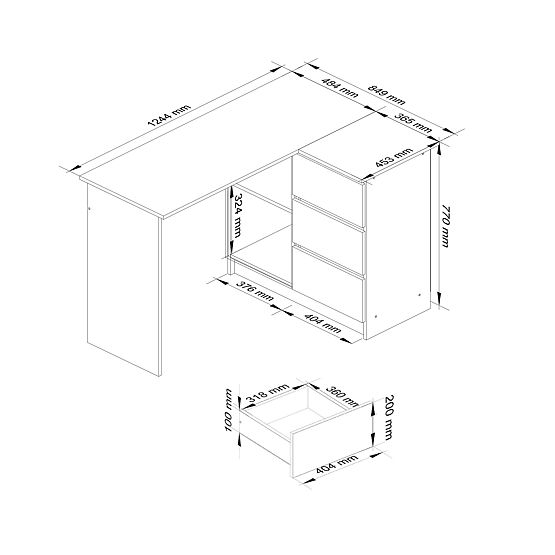ROHOVÝ PSACÍ STŮL B16 124 cm PRAVÝ 3 ZÁSUVKY PK BÍLÝ / ČERNÝ LESK