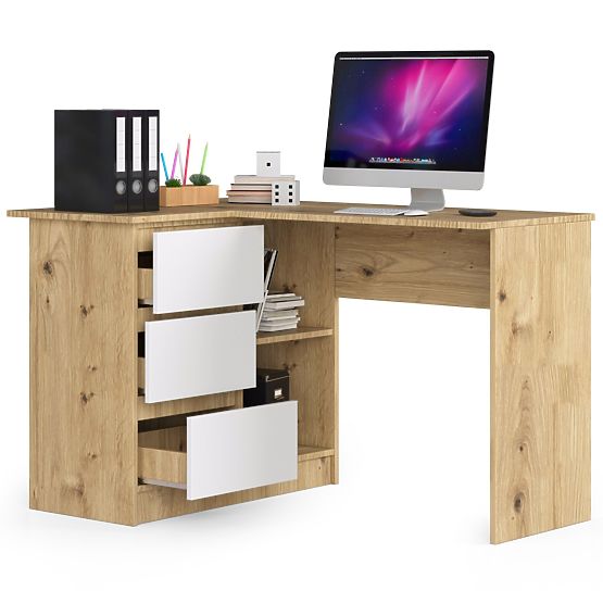 ROHOVÝ PSACÍ STŮL B16 CLP LEVÝ DUB ARTISAN / BÍLÝ