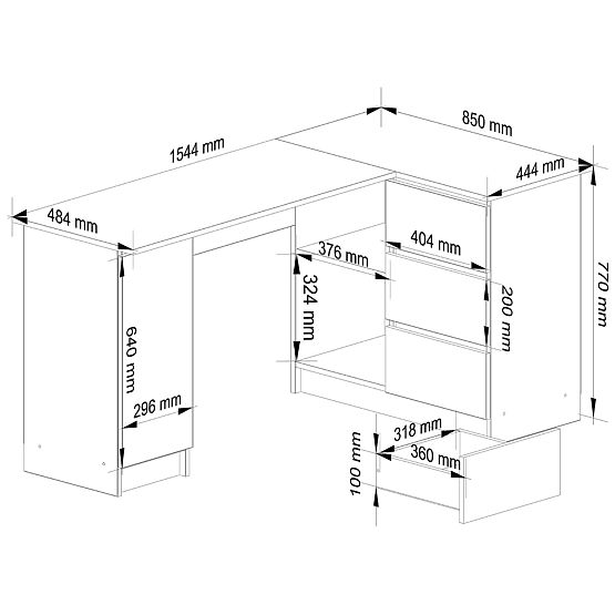 Rohový stůl B20 155 cm pravý - PK dub artisan-bílý - 3 zásuvky
