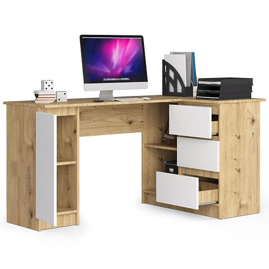 Rohový stůl B20 155 cm pravý - PK dub artisan-bílý - 3 zásuvky