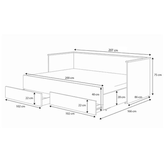 Rozkládací postel HELIOS se dvěma zásuvkami 200x80/200x160