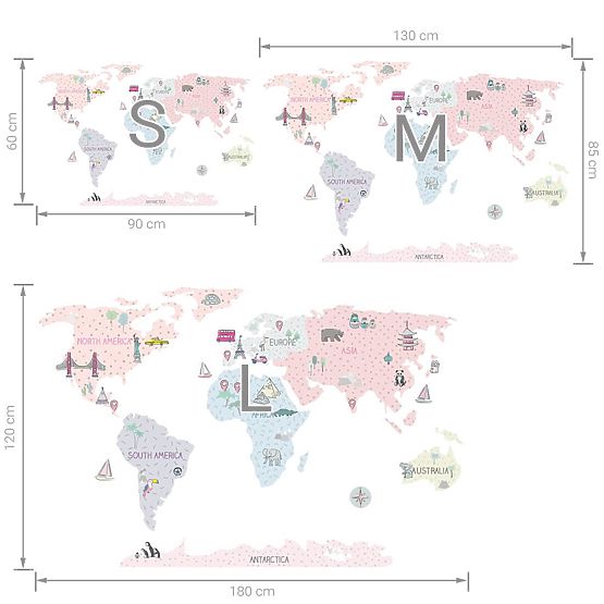 Samolepka na zeď Mapa světa - růžová 