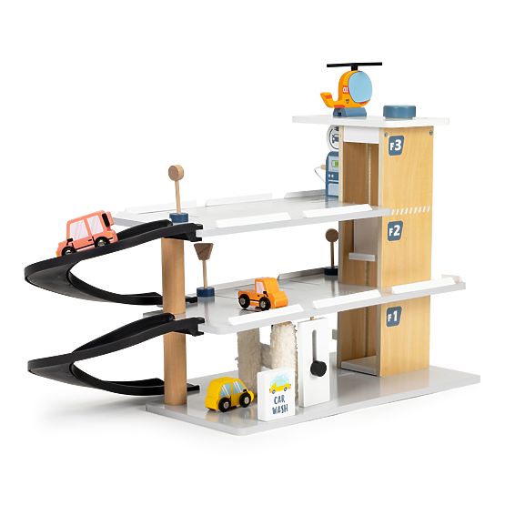Velká dřevěná garáž s výtahem + autíčka, helikoptéra, myčka ECOTOYS