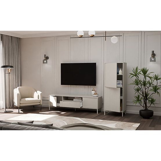 Vitrína KAMARO 2DK SLIM/HLADKÝ KAŠMÍR Lamelový Rýhovaný + Klasický Čelní Panel