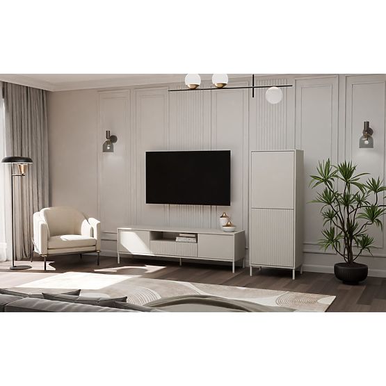 Vitrína KAMARO 2DK SLIM/HLADKÝ KAŠMÍR Lamelový Rýhovaný + Klasický Čelní Panel