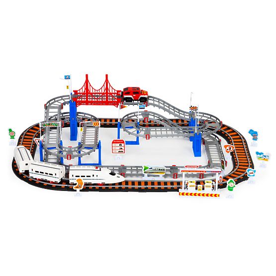 Vláček a auto na baterie dvě dráhy město 108 prvků
