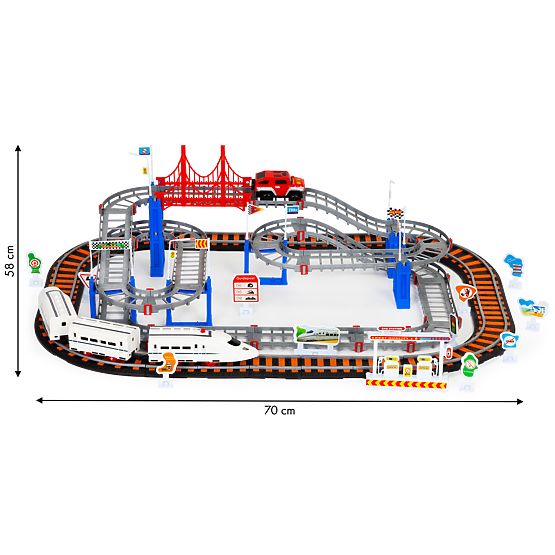 Vláček a auto na baterie dvě dráhy město 108 prvků