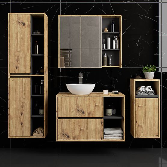 ZÁVĚSNÁ KOUPELNOVÁ SKŘÍŇKA VAMI W50 2D 6P DUB ARTISAN / GRAFIT ŠEDÁ