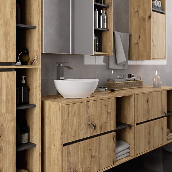 ZÁVĚSNÁ KOUPELNOVÁ SKŘÍŇKA VAMI W50 2D 6P DUB ARTISAN / GRAFIT ŠEDÁ