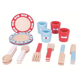 Bigjigs Toys Dřevěný jídelní servis s puntíky, Bigjigs Toys