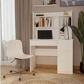 Biurko MIJAS Prawe z Nadstawką Biel Mat 4 Szuflady 4 Półki Do Biura Pokoju