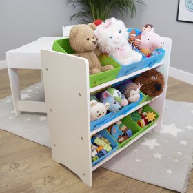 Ourbaby organizér na hračky s modrými a zelenými boxy