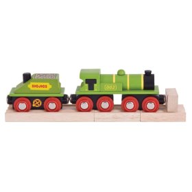 Bigjigs Rail Zelená lokomotiva s tendrem + 3 koleje, Bigjigs Rail