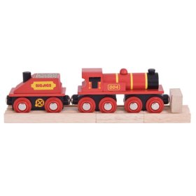 Bigjigs Rail Červená lokomotiva s tendrem + 3 koleje, Bigjigs Rail