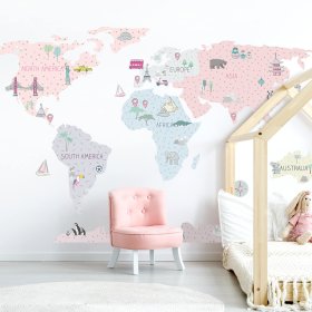 Samolepka na zeď Mapa světa - růžová 